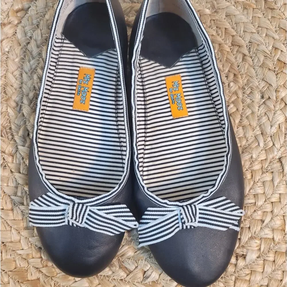 MIZ MOOZ by Gazith Navy Blue Vegan Leather Striped Bow Ballet Flats Round Toe 9 - Picture 4 of 12